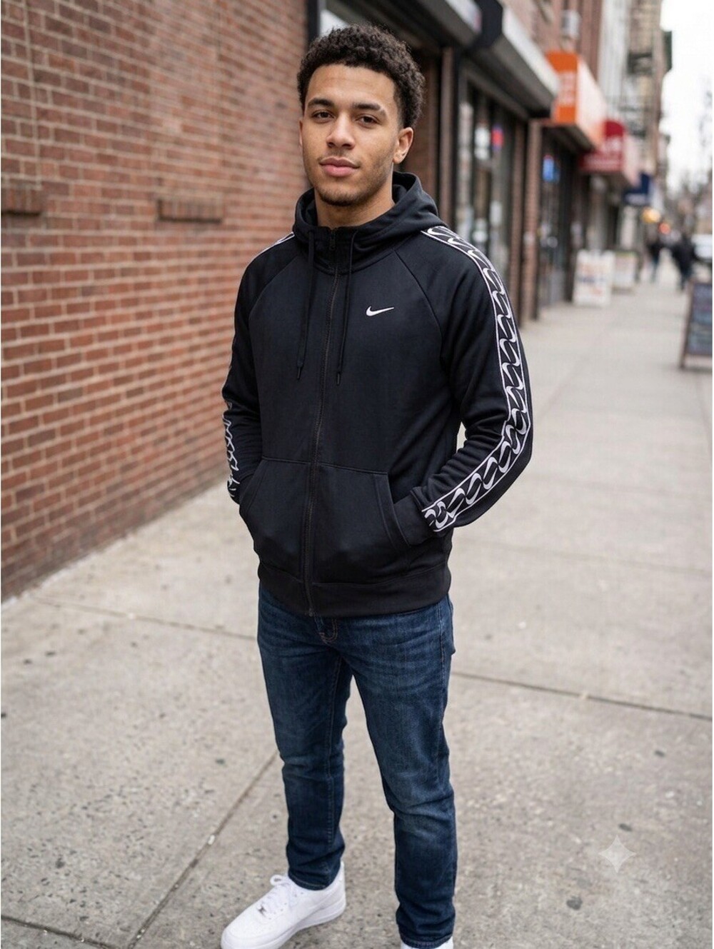 Nike Men's Sportswear Logo Tape Full-Zip Hoodie Black Swoosh Size Small